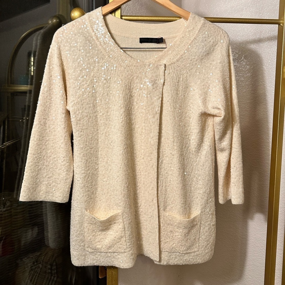 Donna Karan collection sequin Cream cardigan Top Snap Pockets size M